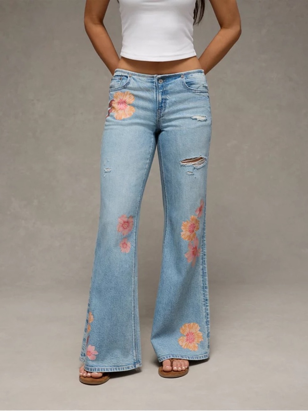American Eagle Light Wash Floral Super Low-rise Baggy Flare Jeans